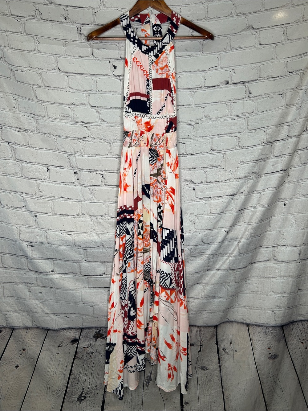 Abel The Label Graphic Print Halter Maxi Dress in White, Coral & Navy Size Small
